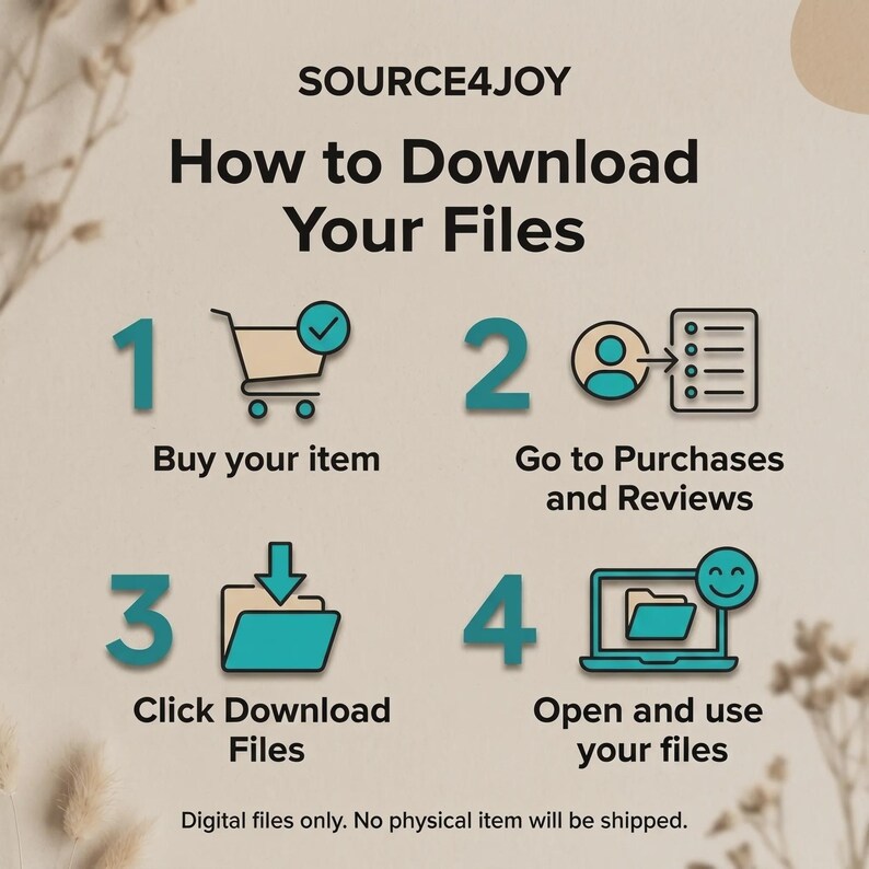 May include: An infographic with the text "How to Download Your Files" and numbered steps. The steps include buying an item, going to purchases, clicking download files, and opening the files. The image is light beige with teal accents.