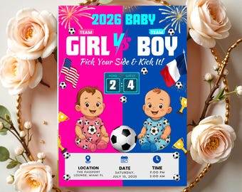 Uitnodiging voor genderonthulling voetbal: babytrui, bewerkbare pdf