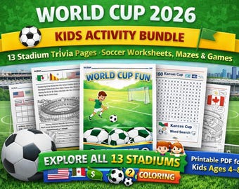 Pacchetto di attività per bambini in occasione della Coppa del Mondo di calcio 2026: quiz sul calcio, labirinti, giochi (età 4-8 anni)