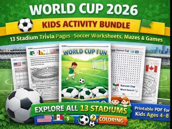 Soccer Kids Activity Bundle, Soccer Trivia, Mazes, Games (Ages 4-8)