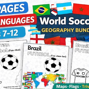 Dibujos para colorear de fútbol mundial en PDF / Aprende idiomas, datos culturales (descarga digital)
