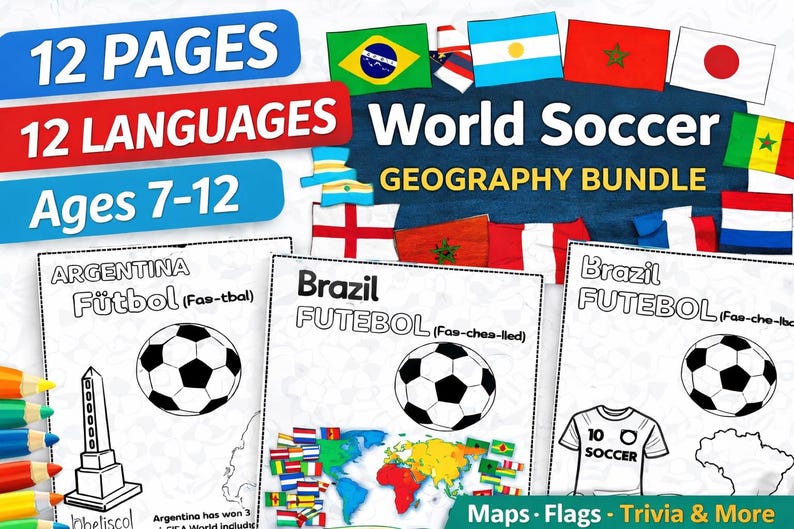 World Soccer 2026 Coloring Pages Kids Learn 12 Languages Cultural Facts Printable Digital Download image 1