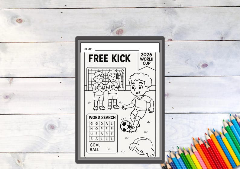 May include: Black and white illustration of a soccer-themed coloring page. The page features the text "FREE KICK" and "2026 WORLD CUP". A word search puzzle is included with words like "GOAL" and "BALL". The image shows a soccer player kicking a ball.