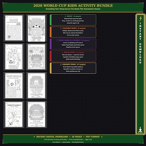 May include: A digital activity bundle for young soccer fans, featuring mazes, coloring pages, word searches, puzzles, brain games, and stadium trivia. Includes 29 pages in PDF format, designed for ages 4-12. The bundle is an instant download.