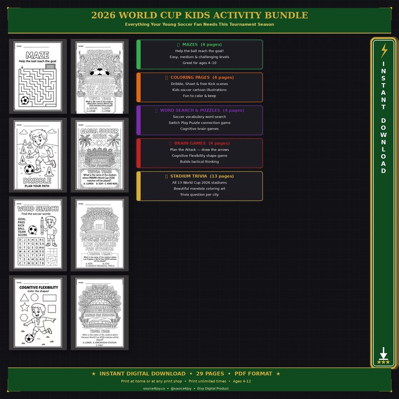 May include: A digital activity bundle for young soccer fans, featuring mazes, coloring pages, word searches, puzzles, brain games, and stadium trivia. Includes 29 pages in PDF format, designed for ages 4-12. The bundle is an instant download.