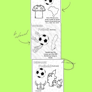 May include: Black and white illustrations about soccer, including a soccer ball, jersey, and country outlines. The text includes "Brazil FUTEBOL", "Sweden Fotboll", and "Denmark Fodbold", with facts about each country's soccer history.