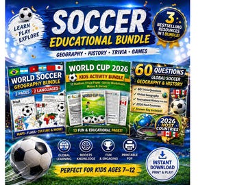 Pacchetto educativo per bambini sui Mondiali di calcio 2026: attività a quiz stampabili per l'homeschooling, da colorare e scaricare immediatamente.