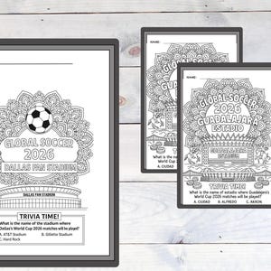 May include: Black and white coloring pages featuring soccer-themed designs. The pages include the text "GLOBAL SOCCER 2026" and "DALLAS FAN STADIUM" with a soccer ball graphic. Trivia questions are also included.