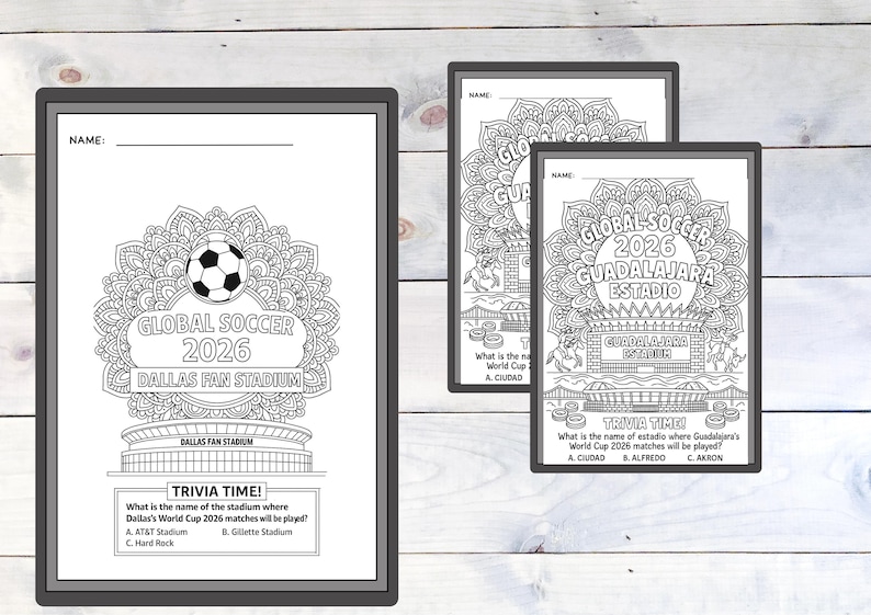 May include: Black and white coloring pages featuring soccer-themed designs. The pages include the text "GLOBAL SOCCER 2026" and "DALLAS FAN STADIUM" with a soccer ball graphic. Trivia questions are also included.