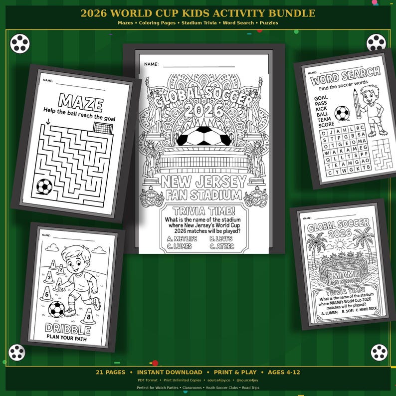 May include: A collection of black and white activity pages for kids, featuring a soccer theme. Includes mazes, word searches, trivia, and coloring pages. The pages are framed and displayed on a green background with soccer ball graphics. Text includes "2026 World Cup Kids Activity Bundle".