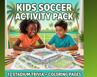 May include: Two children coloring a soccer stadium activity pack. The pack includes 13 stadium trivia and coloring pages. The text "KIDS SOCCER ACTIVITY PACK" is at the top of the image. A variety of crayons are on the table.