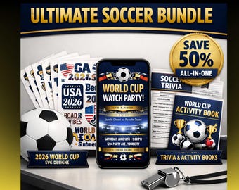 Kit per la festa di visione della Coppa del Mondo di calcio 2026 / Invito modificabile, pacchetto SVG, gioco a quiz (download digitale)