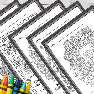 May include: A stack of black and white coloring pages with the text "GLOBAL SOCCER" and "GLOBAL SOCCER 2026". Each page features different soccer-themed illustrations and trivia questions. Crayons in various colors are in the foreground.