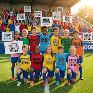 以下が含まれることがあります： サッカーをテーマにしたカラフルなTシャツを着た子供たちのグループが、サッカー場でポーズをとっています。彼らは「伝説が作られる場所：ワールドカップ2026」や「2026年に私のチームを応援！」などのフレーズが書かれた看板を持っています。