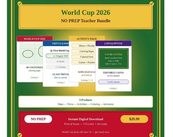 Pacchetto per insegnanti "Coppa di calcio 2026" senza preparazione / Attività a quiz con mappe di 48 paesi
