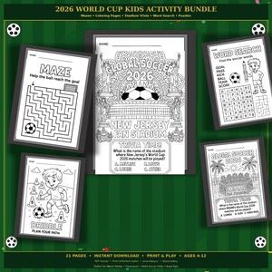 May include: A collection of black and white activity pages for kids, featuring a soccer theme. Includes mazes, word searches, trivia, and coloring pages. The pages are framed and displayed on a green background with soccer ball graphics.