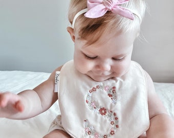 Gift set Baby girl personalised embroidered initial bib, Name bib and sweet bow headband in a gift box