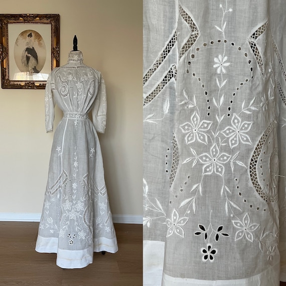 1900s Hand Embroidery Lawn Linen Dress