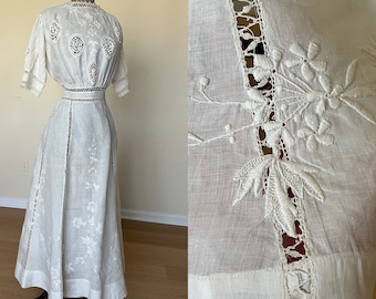 ワンピース 1900s Edwardian Linen Dress Vintage Edwardian 1900s Linen Dress, Lace Down the Front, XS