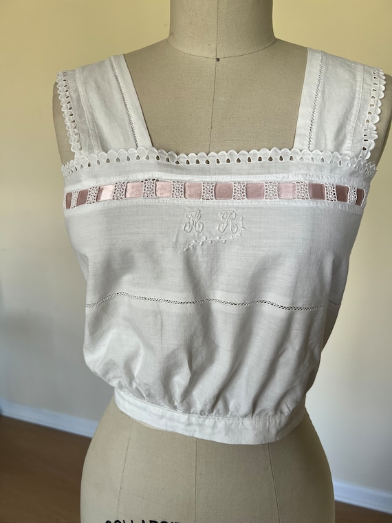 antique hand embroidered cotton corset cover. - image 9