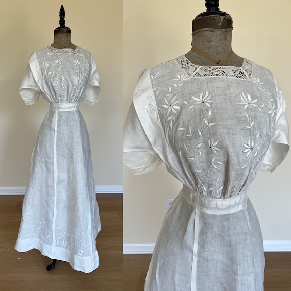 1900s Hand Embroidery Lawn Linen Dress