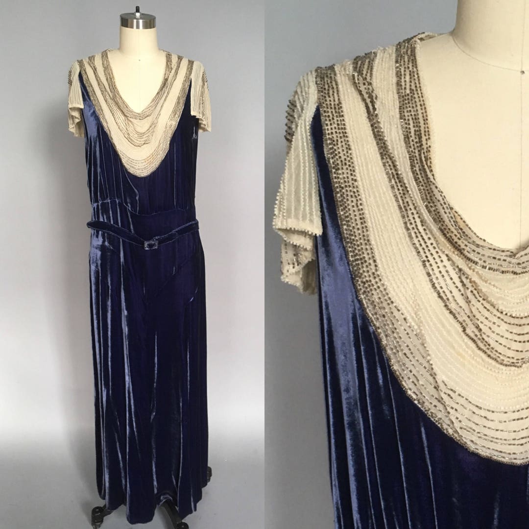 1920s Silk Velvet Sequin Hem Dress