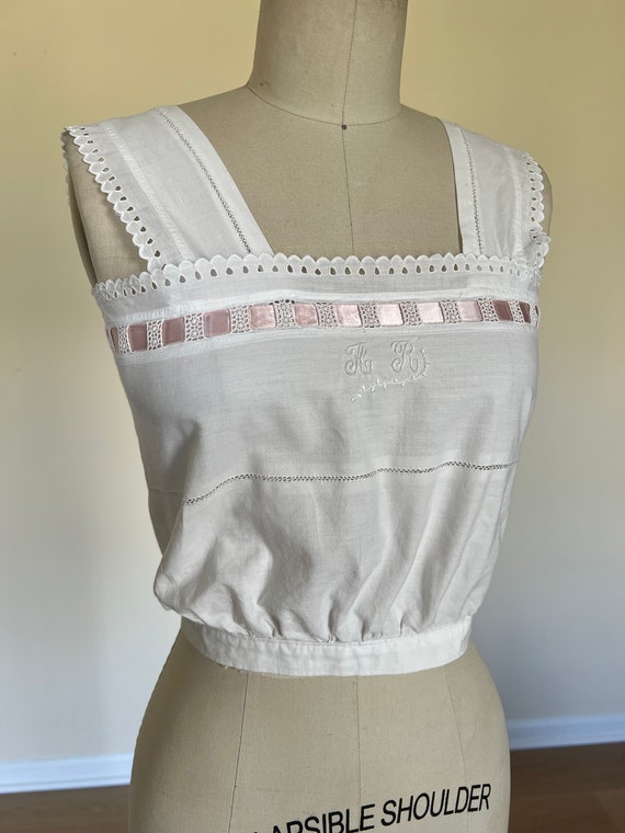 antique hand embroidered cotton corset cover. - image 4