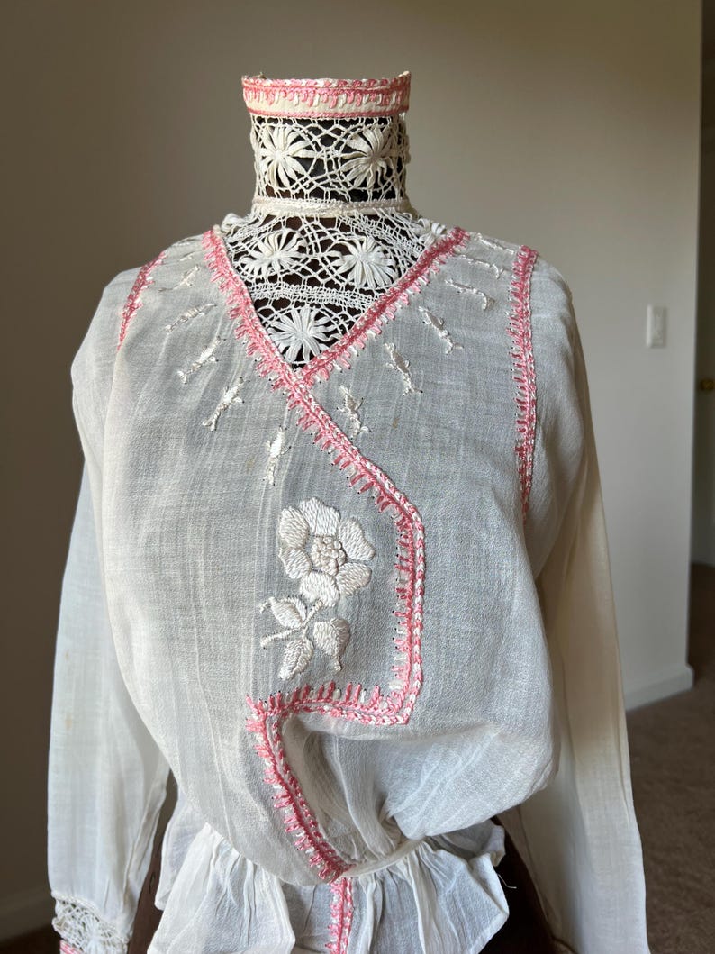 Large 1910s Edwardian Silk Blouse Pink Beaded Sailor Collar Long Sleeve