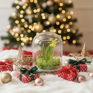 K&ouml;nnte beinhalten: Eine Glashaube mit einer gelben Blume und gr&uuml;nem Laub steht auf einer wei&szlig;en Oberfl&auml;che, umgeben von rot-wei&szlig; gepunkteten Geschenken mit gr&uuml;nen Schleifen, goldenen Sternornamenten und goldenen und rosa Kugeln. Im Hintergrund ein Weihnachtsbaum mit goldenen Lichtern.