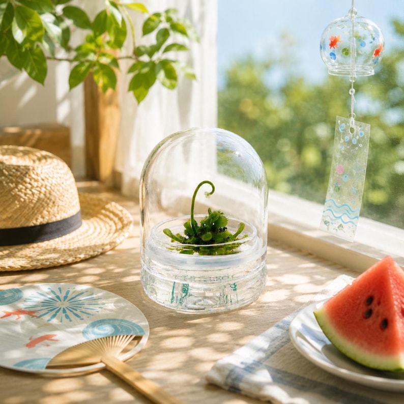 May include: A clear glass terrarium with a small green plant inside, set on a wooden table. A straw hat, a decorative fan, and a slice of watermelon are also on the table. A glass wind chime hangs in the background.