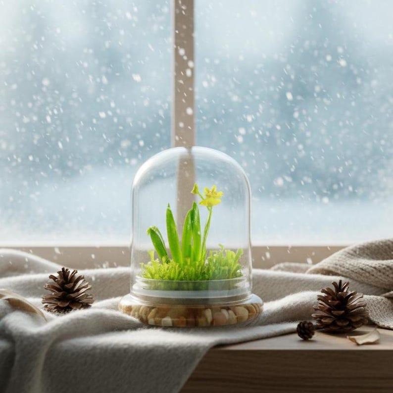 K&ouml;nnte beinhalten: Ein Glaskuppel-Terrarium mit einer gelben Blume und gr&uuml;nem Laub, auf einer Holzoberfl&auml;che mit einer neutralfarbenen Decke und Tannenzapfen. Der Hintergrund zeigt eine Schneelandschaft vor einem Fenster.