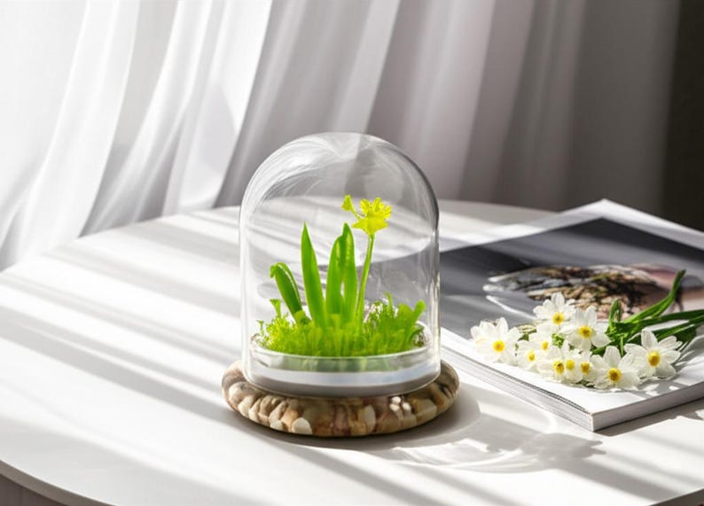 K&ouml;nnte beinhalten: Ein Glaskuppel-Terrarium mit einer gelben Blume und gr&uuml;nen Pflanzen auf einem dekorativen Steinsockel. Das Terrarium steht auf einem wei&szlig;en Tisch neben einer Zeitschrift und einem Strau&szlig; wei&szlig;er Blumen.
