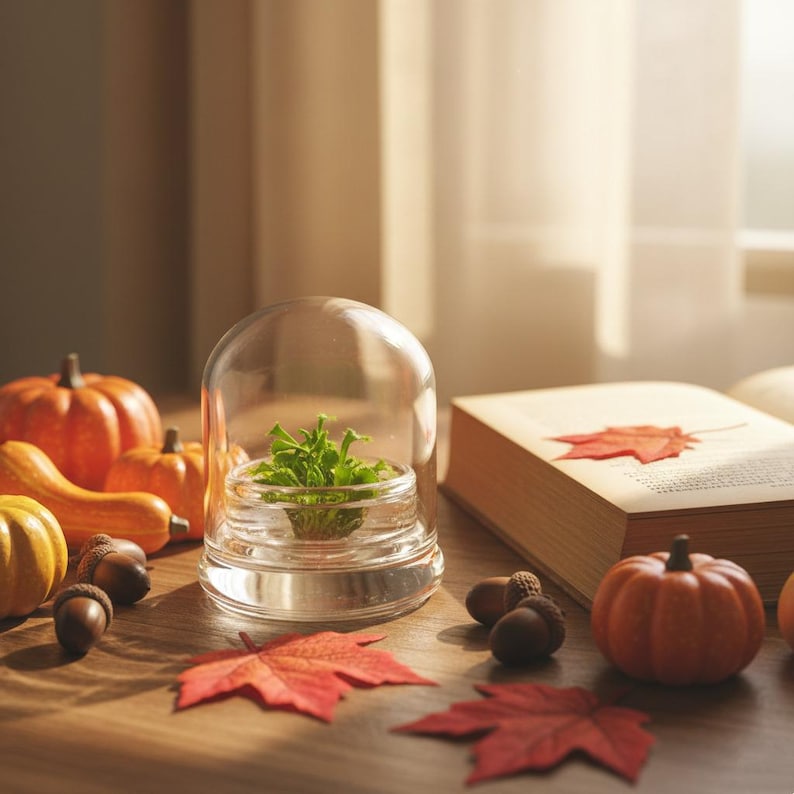 May include: A clear glass terrarium with a small green plant inside sits on a wooden table. Miniature pumpkins, gourds, acorns, and red maple leaves surround the terrarium, creating a fall harvest theme. A book with a red leaf rests nearby.