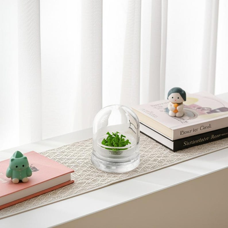 May include: A clear glass terrarium with a small green plant inside sits on a white windowsill. A small green figurine and a stack of books are also on the windowsill. A beige patterned runner is under the terrarium and books.