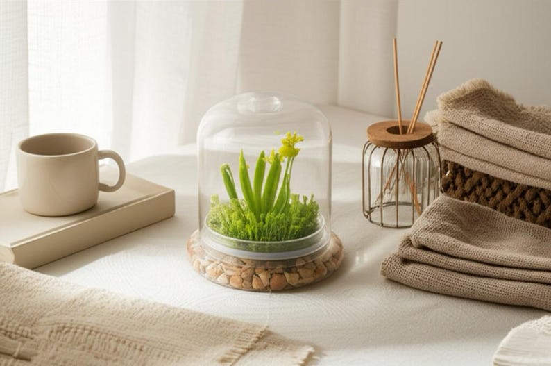 K&ouml;nnte beinhalten: Eine Glashaube mit einem kleinen Pflanzenarrangement, mit gr&uuml;nem Laub und gelben Bl&uuml;ten, steht auf einem Tisch. Eine beige Tasse und gefaltete Handt&uuml;cher sind ebenfalls vorhanden, was eine dekorative Szene schafft.