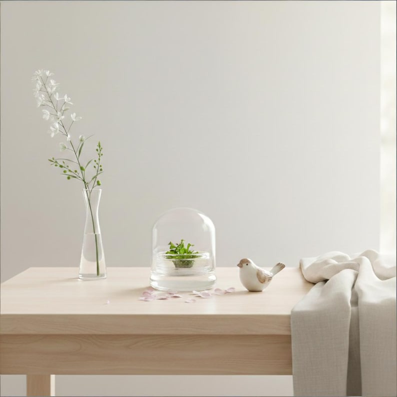 May include: A minimalist still life arrangement on a light wood table. It features a clear glass vase with white flowers, a glass cloche with greenery, a ceramic bird figurine, and a folded white linen cloth.