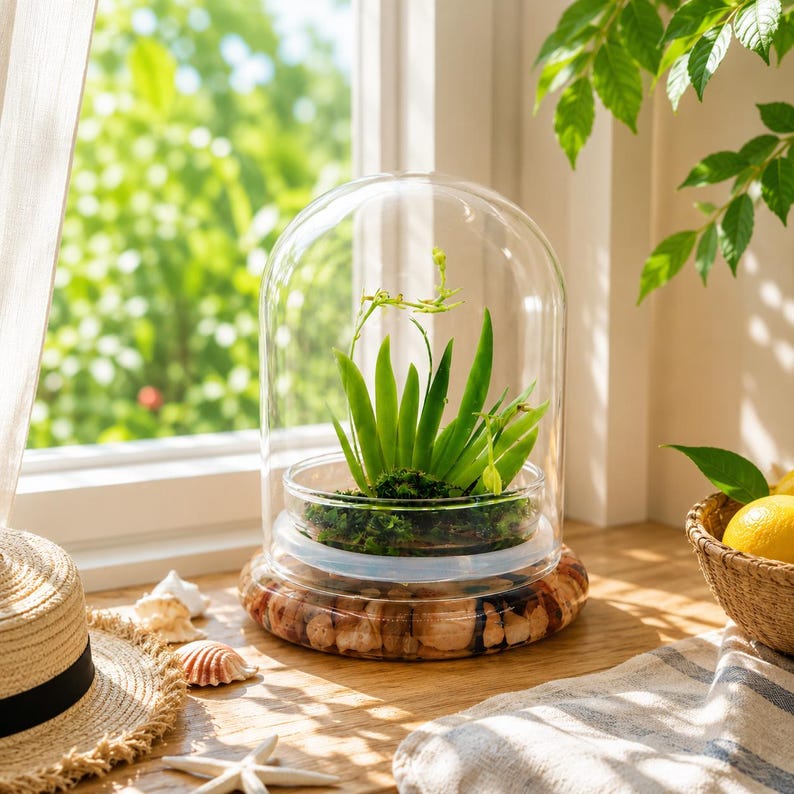 K&ouml;nnte beinhalten: Ein Glaskuppel-Terrarium mit einer kleinen gr&uuml;nen Pflanze im Inneren, das auf einer Basis aus kleinen, hellen Steinen steht. Das Terrarium steht auf einer Holzoberfl&auml;che in der N&auml;he eines Fensters, mit einem Strohhut und Muscheln in der N&auml;he. Der Hintergrund zeigt eine helle, sonnige Szene im Freien.