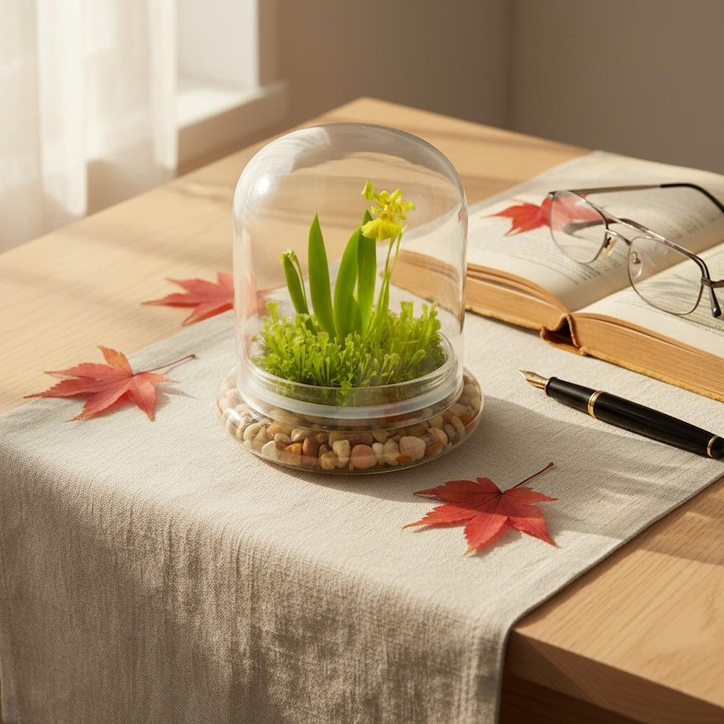 K&ouml;nnte beinhalten: Ein Glasterrarium mit einer transparenten Kuppel, das einen Miniaturgarten mit gr&uuml;nen Pflanzen und gelben Bl&uuml;ten zeigt. Die Basis ist mit kleinen Kieselsteinen gef&uuml;llt. Rote Ahornbl&auml;tter und ein Buch mit Brille und Stift liegen auf dem Tisch.