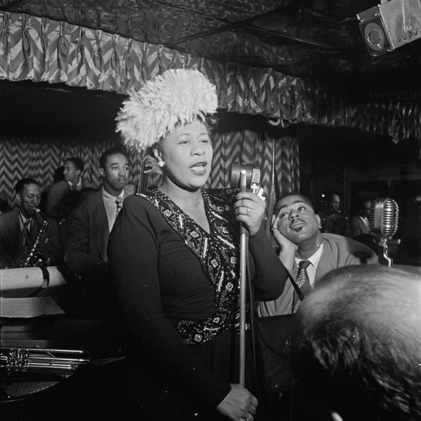 Ella Fitzgerald Photo Dizzy Gillespie Ray Brown Milt Jackson Downbeat Jazz Musicians New York 1947 Poster Art Photo 8x8 and/or 12x12