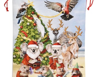 Aussie Christmas Santa Sack: Fabric Drawstring Gift Bag (67x45cm)