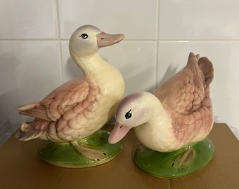 MAGILL CERAMICS Pair of Ducks Figurine Figurines 2 Handcrafted in South Australia pink green cream ivory