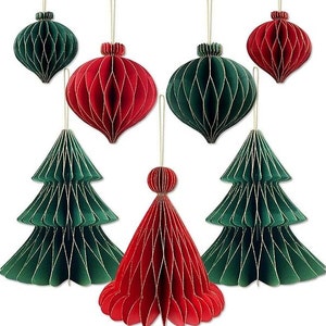 CHRISTMAS HONEYCOMB DECORATIONS tree table hanging bauble ornaments red green natural gold centrepiece party 20 35 40 cm