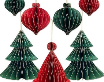 CHRISTMAS HONEYCOMB DECORATIONS tree table hanging bauble ornaments red green natural gold centrepiece party 20 35 40 cm