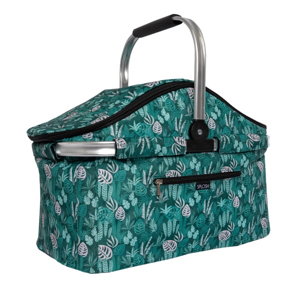 PICNIC BASKET insulated cooler waterproof fabric metal frame foldable Green Print White fern tropical