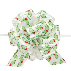 May include: A large decorative bow made from white satin ribbon, patterned with green holly leaves and red berries. The bow is tied with a white string, ideal for gift wrapping or festive decorations.