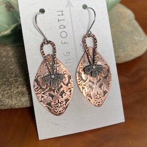 Handmade mixed metal hand forged copper drop dangle earrings with pewter accent