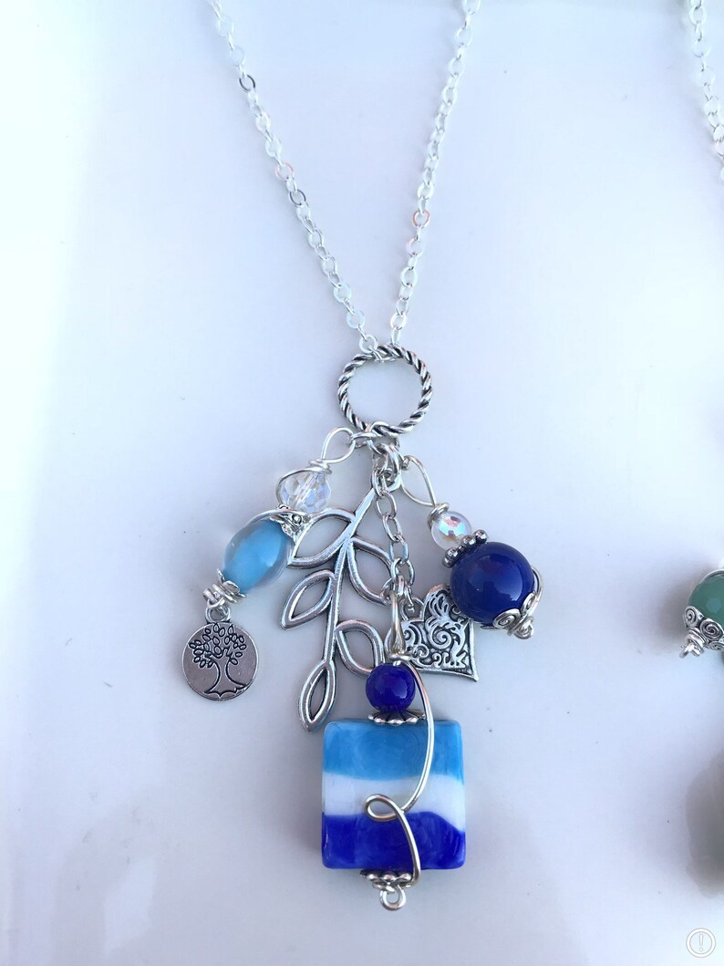 Long Blue Glass Bead Necklace With Heart Leaf and Tree If Etsy