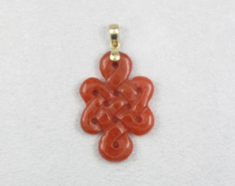 Vintage: 14K Solid Yellow Gold Carved Lucky Knot Pendant in Red Jade - handmade jewelry, Lucky, Fortune