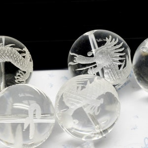 20mm, 14mm,12mm ~ Hand Carved Dragon Rock Crystal Bead (matted polished dragon) : 5pcs / pack, 手彫りのドラゴン水晶ビーズ（マットポリッシュ仕上げのドラゴン）