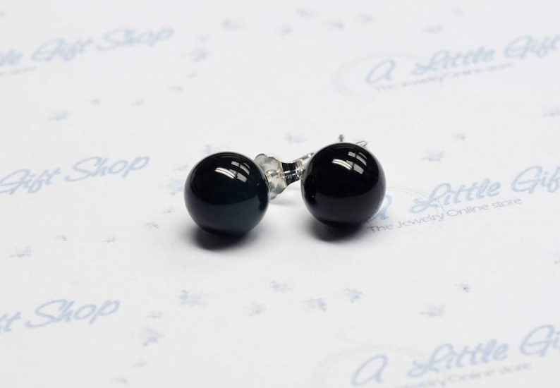 8mm Round Stone Bead Stud Silver 925 Earrings Black Agate Mother of Pearl Tiger Eye choice of color